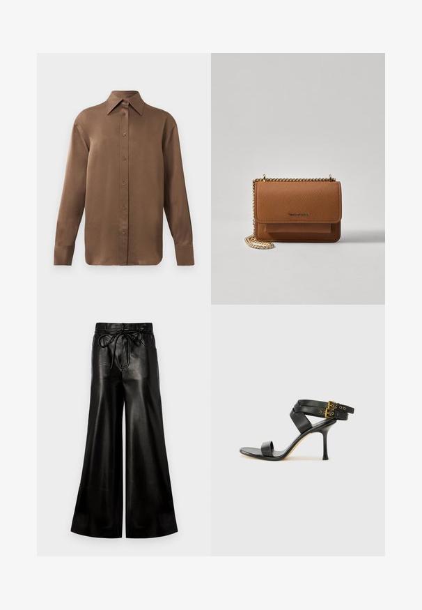 Rjav dolg rokav s srajco s gumbi in koničastimi ovratniki in manšetami, prikazana na enostavni beli podlagi.; Črne usnjene hlače širokih nogavic z vrvico v pasu. Gladka tekstura, visok pas, ohlapen kroj, s stranskimi žepi in gumbom za zapiranje.; Črne sandale na peto z križnimi trakovi in prilagodljivo zaponko. Imajo gladko teksturo in zožen peto.; Rjava teksturirana usnjena torba čez ramo z zlatim verižnim trakom in zapiranjem na pokrov. Spredaj je vidna podrobnost logotipa in žep pod pokrovom.
