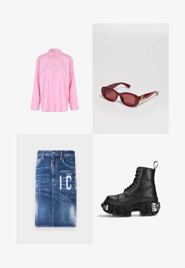 Lyserød langærmet skjorte med knaplukning og krave, der har et klassisk snit, glat tekstur og frontknaplukning.; Mørkeblå denimnederdel med slidte detaljer, lyse blegede pletter og trykte bogstaver. Har standard talje og lynlås lukning.; Sort læder kampstøvle med høj krave, rund tå, tyk tekstureret sål, sølvfarvede hardwaredetaljer og karakteristisk sålmønster.; Røde plastsolbriller med rektangulære stel, tonede linser og en guldlåg accent på stængerne. Glat, blank finish.