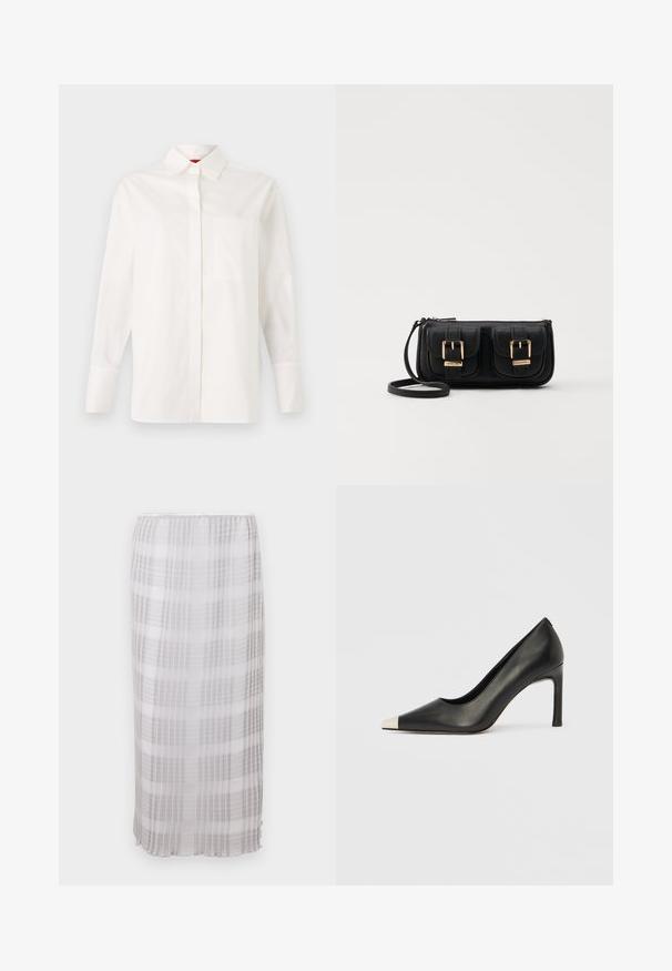 Balta ilgomis rankovėmis marškiniai, pagaminti iš medvilnės, su klasikiniais apykaklėmis, viena krūtinės kišenė ir mygtukais užsegamomis rankovėmis. Lygi tekstūra, tiesus siluetas.; Ilga, permatoma balta sijonas su pilku langelių raštu. Minkšta, lengva medžiaga su elastiniu juosmeniu, baigiasi kulkšnies ilgiu.; Juodas odinis aukštakulnis batelis su smailia nosimi ir metaliniu sidabriniu galiuku. Turi lygų paviršių ir ploną 10 cm kulną.; Juodas odinis per petį nešiojamas krepšys su dviem priekiniais kišenėmis, auksiniais sagtimis, užtrauktuko uždarymu ir siauromis petnešomis. Textūruota paviršius ir kompaktiškas stačiakampis formatas.