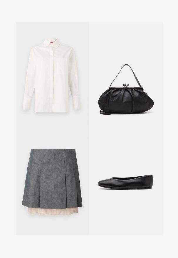 White long-sleeve shirt made of cotton, featuring a classic collar, single chest pocket, and buttoned cuffs. Smooth texture, straight cut.; Gray pleated skirt with a textured finish, featuring a semi-sheer light pink pleated underlayer and a side zipper closure.; Paul Smith TOPANGA - Ballet pumps - black; Black leather handbag with a rounded, pleated design. Features a metallic clasp with two decorative balls and a slim, detachable strap.