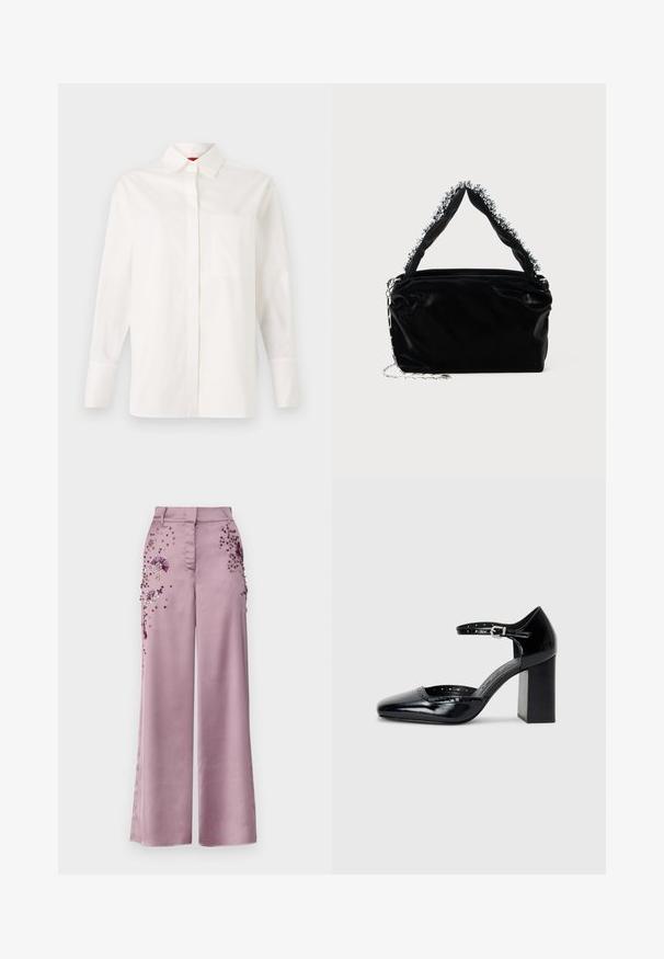 Witte lange mouwen shirt van katoen, met een klassieke kraag, een enkele borstzak en met knoopsluiting bij de mouwen. Soepele textuur, rechte snit.; MAX&Co. RONDA - Broek - malve; Zwarte lakleren hoge hakken met een vierkante neus, enkelbandje en een chunky hak. Inclusief geperforeerde details langs de rand.; Zwarte nep leren handtas met een gestructureerde afwerking, voorzien van een bewerkte zilveren accent langs de bovenste handgreep en een schouderband van kettingen.
