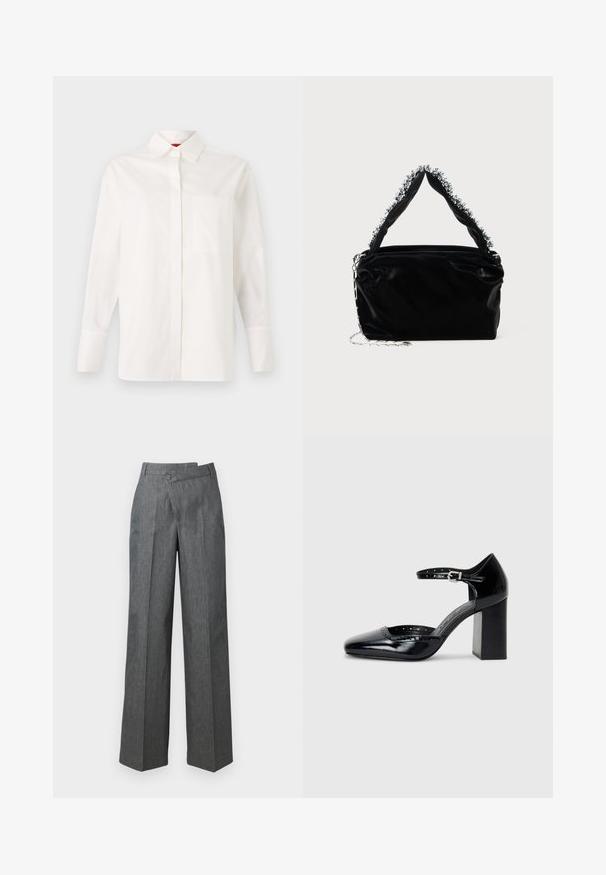Camisa blanca de manga larga hecha de algodón, con cuello clásico, un bolsillo en el pecho y puños abotonados. Textura suave, corte recto.; Pantalones de pierna ancha en tejido gris oscuro, con cintura alta, pliegues frontales y un cierre de botón en el lateral.; Zapatos de charol negro de tacón alto con punta cuadrada, correa en el tobillo y tacón grueso. Incluye detalles perforados a lo largo del borde.; Bolso de mano negro de imitación cuero con un acabado texturizado, que presenta un acento plateado de cuentas a lo largo del asa superior y una correa de cadena.