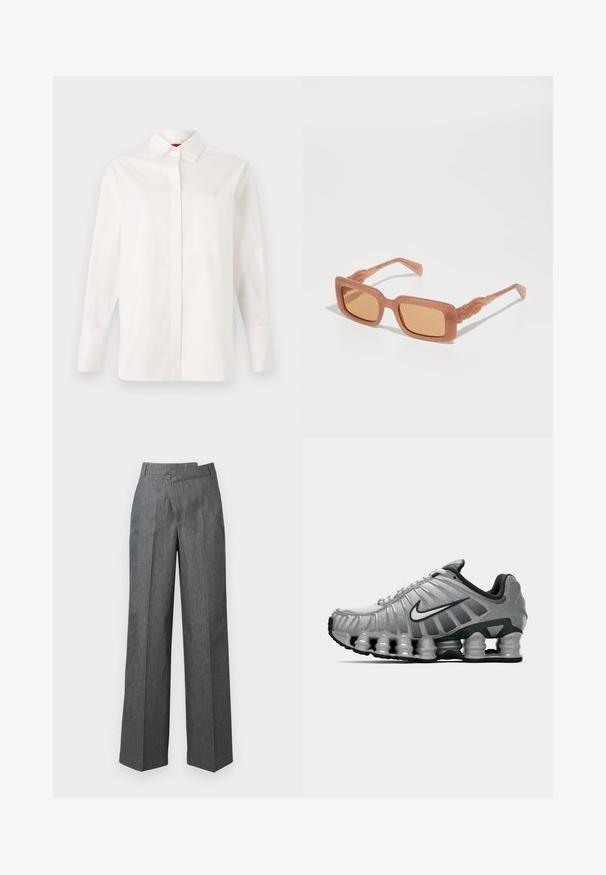 Weißes Langarmhemd aus Baumwolle mit klassischem Kragen, einer Brusttasche und Knopfmanschetten. Glatte Textur, gerade Passform.; Weite Hosen aus dunkelgrauem Stoff, mit hoher Taille, Vorderfalten und einem seitlichen Knopfverschluss.; Grauer und schwarzer Nike-Laufschuh mit sichtbarer federähnlicher Dämpfung unter der Sohle und einem weißen Swoosh-Logo an der Seite.; Quadratische Sonnenbrillen mit braun getönten Gläsern und transluzentem rosa Rahmen. Mit welligen Akzenten an den Schläfen für zusätzlichen Designschmuck.; Schwarze lederne Handtasche mit strukturiertem Finish, rechteckiger Form und abnehmbarem Riemen. Verfügt über einen Klappenverschluss und dezentes Branding.