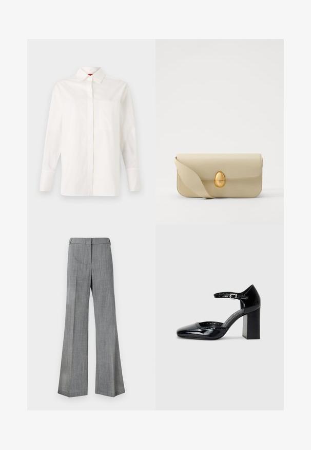 White long-sleeve shirt made of cotton, featuring a classic collar, single chest pocket, and buttoned cuffs. Smooth texture, straight cut.; Gray, wide-legged trousers made from textured fabric, featuring a smooth waistband and a subtle pinstripe pattern.; Black patent leather high-heeled shoes with a square toe, ankle strap, and a chunky heel. Includes perforated detailing along the rim.; Beige leather handbag with a smooth texture, rectangular shape, and a golden oval clasp. Features a long, adjustable strap.