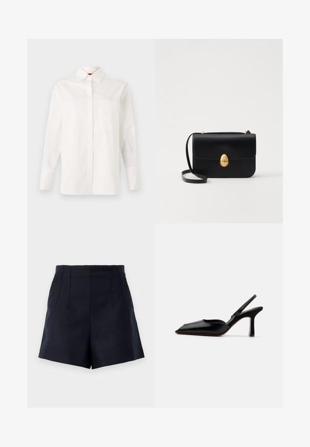 Cămașă albă cu mâneci lungi din bumbac, având un guler clasic, un buzunar pe piept și manșete cu buton. Textură netedă, croi drept.; Pantaloni scurți navy cu un design ajustat, având două plissuri frontale, o textură netedă și o croială dreaptă până la genunchi.; Sandale din piele neagră cu toc, cu vârf ascuțit, design minimalist, curea subțire la gleznă și toc subțire elegant. Textură netedă.; Geantă de mână din piele neagră, cu o formă rectangulară structurată. Are un capac oval auriu și o curea subțire pentru umăr. Textură netedă.