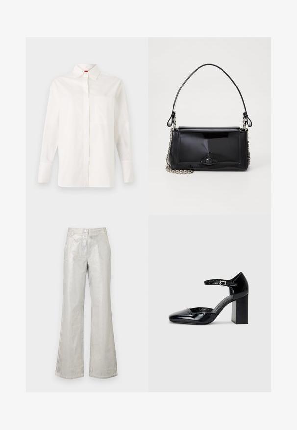 Balta ilgomis rankovėmis marškiniai, pagaminti iš medvilnės, su klasikiniais apykaklėmis, viena krūtinės kišenė ir mygtukais užsegamomis rankovėmis. Lygi tekstūra, tiesus siluetas.; Sidabrinės platėjančios kelnės, pagamintos iš blizgaus audinio, su priekiniais užsegimais, dviem kišenėmis ir matomu siuvimo detalėmis.; Juodos lakuotos aukštakulnės bateliai su kvadratine nosimi, kulkšnies dirželiu ir masyviu kulnu. Apima perforuotus detalizavimus aplink kraštą.; Juodas lakinės odos rankinės ilgis stačiakampis, su grandinėlės dirželiu ir išskirtiniu metaliniu akcentu centre. Lygus paviršius.