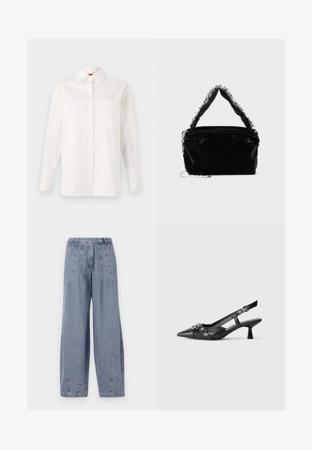 Balta garām piedurknēm krekls, izgatavots no kokvilnas, ar klasisku apkakli, vienu krūšu kabatu un pogājamām aprocēm. Gluda tekstūra, taisna piegriezuma.; Gai zils džinsu platā kāja bikses ar sarullētu tekstūru, ar augstu jostasvietu un vertikālām šuvēm gar kājām.; Melnas ādas šlipsveida kurpes ar norādītu purngalu, dekoratīvām joslām ar metāla acīm un zemu bloku papēdi. Teksturēta virsma.; Melnā mākslīgās ādas rokassomu ar teksturētu apdari, kas piedāvā pērlītēm rotātu sudraba akcentu augšējā rokturī un ķēdes siksnu.