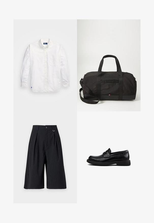 Balta kokvilnas kreklā ar garām piedurknēm, ar pogām aizdaru apkakli, kreisajā krūtī kabatu un mazu zilu logo apakšējā kreisajā pusē.; Melnas svītrainas šortas ar krokām, pogu aizdari un metāla gredzena akcentu. Gluda auduma, pielāgota piegriezuma un ceļgala garuma dizains.; Melnas ādas slip-on loafer kurpes ar noapaļotu purngatu, zemu zoli un dekoratīvu joslu pāri augšējai daļai.; Melnā sporta soma ar izturīgu audumu, divām rokturiem, noņemamu siksnu, rāvējslēdzēja aizdari un mazu logo apakšējā daļā.