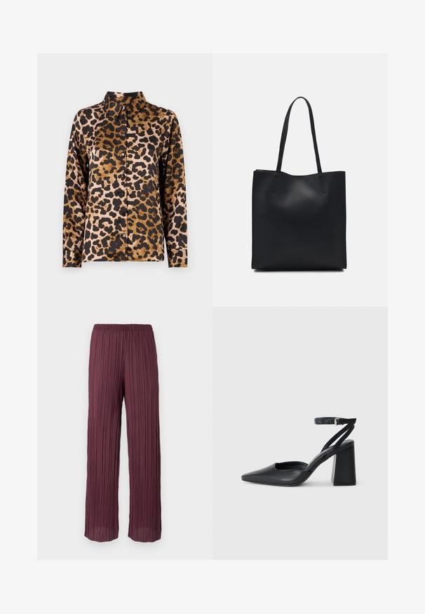 Koszula z długim rękawem z brązowym i czarnym krojem w lwy cętki oraz klasycznym kołnierzykiem na jednolitym jasnym tle.; Spodnie plisse w głębokim burgundzie z elastycznym pasem, charakteryzujące się luźnym krojem w szerokie nogawki oraz pionowymi plisami na całej długości.; Czarne skórzane czółenka z ostrym noskiem, z paskiem na kostce i grubym obcasem. Gładka faktura, elegancki design i minimalistyczna estetyka.; Czarna skórzana torba tote o gładkiej fakturze, prostokątnym kształcie i dwóch długich uchwytach. Brak widocznych elementów metalowych i ozdób.