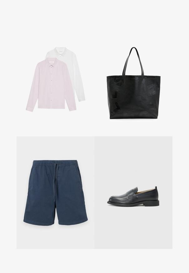To lange langærmede skjorter: en lys rosa og en hvid. Begge har spidse kraver og knaplukninger. Glat stof uden mønstre.; Navyblå shorts lavet af bomuld med elastisk talje og snøring. Har sidelommer og lige skæring.; Sorte læder loafers med en glat finish, flad sål og rund tå med en dekorativ rem over vristen.; Sort læder tote-bag med præget tekst på overfladen, har to robuste håndtag og et rummeligt, ustruktureret design.