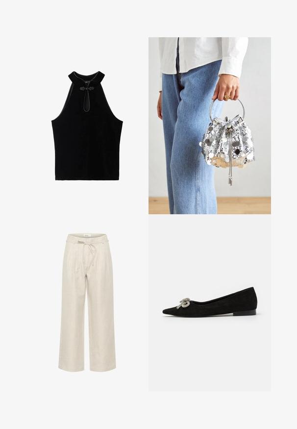 Black sleeveless top made of velvet, featuring a high collar and a decorative knot at the neckline. Smooth texture and simple design.; Beige linen wide-leg pants featuring a drawstring waistband and front pleats, with a smooth texture and ankle-length cut.; Black suede flat shoe with a pointed toe, adorned with a decorative silver bow detail on the front, featuring a low heel.; Silver sequined bucket bag with a circular metallic handle; features drawstring closure and chain accents, set against light denim and white fabric.