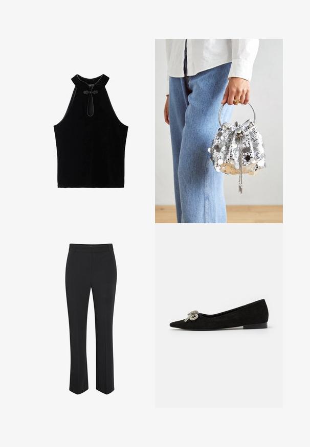 Crni bezrukavni top od baršuna, s visokim ovratnikom i dekorativnom petljom na izrezu. Glatka tekstura i jednostavan dizajn.; Crne krojene hlače od glatkog materijala, s ravnim nogavicama i pojasom srednje visine bez dodatnih akcenata ili uzoraka.; Crna semiš balerinka s oštrim nosom, ukrašena dekorativnom srebrnom mašnom sprijeda, s niskom petom.; Srebrna torba sa šljokicama u obliku kante s kružnom metalnom drškom; ima zatvaranje na vezicu i lance kao ukrase, postavljena na svijetli traper i bijelu tkaninu.; Srebrna ogrlica s okruglim, prozirnim draguljima postavljenim u kružnom dizajnu, naizmjenično s dekorativnim metalnim akcentima, glatke teksture.