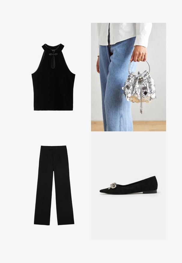 Top negru fără mâneci, fabricat din catifea, cu un guler înalt și un nod decorativ la decolteu. Textură netedă și design simplu.; Pantaloni negri cu croi larg, confecționați dintr-un material neted, cu închidere frontală prin nasture și două plii pentru detalii suplimentare. Design elegant, adaptat.; Pantof negri din suede, cu vârful ascuțit, decorat cu un detaliu de fundiță argintie pe partea din față, având un toc mic.; Geantă tip bucket argintie, cu paiete, dotată cu un mâner metalic circular; include un sistem de închidere cu șnur și accente din lanț, pe un fundal din denim deschis și material alb.