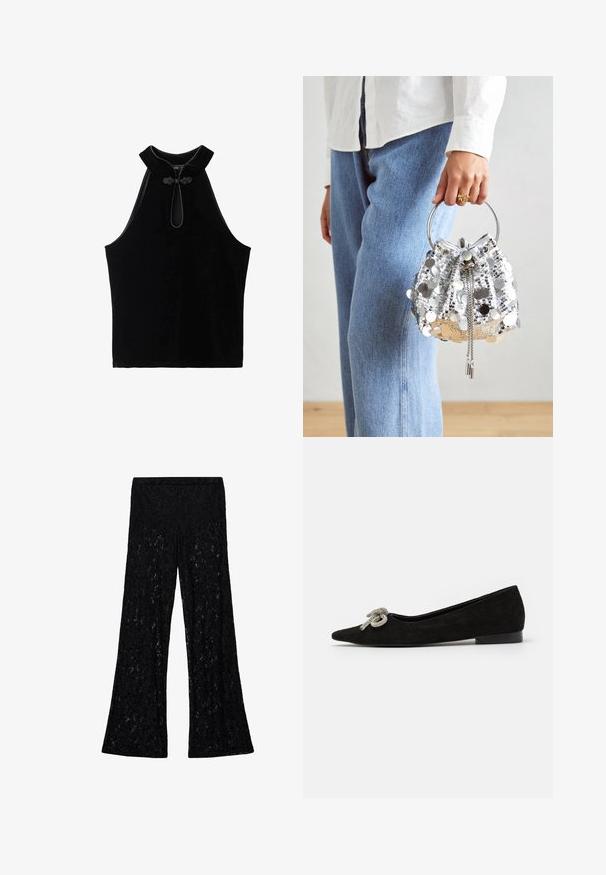 Črna brezrokavna majica iz žameta, ki ima visok ovratnik in dekorativen vozel na izrezu. Gladka tekstura in preprost dizajn.; Mango Hlače - black; Črne nubuk balerinke s koničastim nosom, okrašene z dekorativnim srebrnim lokom spredaj, z nizko peto.; Srebrna torbica s paščki, okrašena s krožnim kovinskim ročajem; ima zategovanje s vrvico in verižne detajle, postavljena na svetlem denimu in belem blagu.