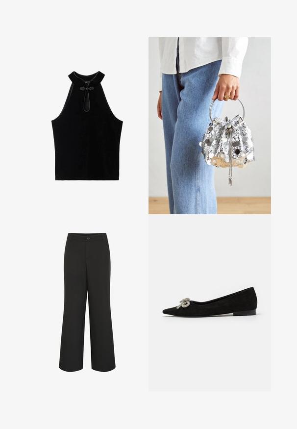 Črna brezrokavna majica iz žameta, ki ima visok ovratnik in dekorativen vozel na izrezu. Gladka tekstura in preprost dizajn.; Culture CUALAINE - Hlače - black; Črne nubuk balerinke s koničastim nosom, okrašene z dekorativnim srebrnim lokom spredaj, z nizko peto.; Srebrna torbica s paščki, okrašena s krožnim kovinskim ročajem; ima zategovanje s vrvico in verižne detajle, postavljena na svetlem denimu in belem blagu.