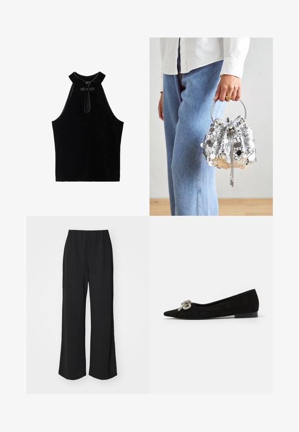 Črna brezrokavna majica iz žameta, ki ima visok ovratnik in dekorativen vozel na izrezu. Gladka tekstura in preprost dizajn.; Črne široke hlače z elastiko v pasu, izdelane iz gladkega materiala, s preprostim, neokraševanim dizajnom.; Črne nubuk balerinke s koničastim nosom, okrašene z dekorativnim srebrnim lokom spredaj, z nizko peto.; Srebrna torbica s paščki, okrašena s krožnim kovinskim ročajem; ima zategovanje s vrvico in verižne detajle, postavljena na svetlem denimu in belem blagu.