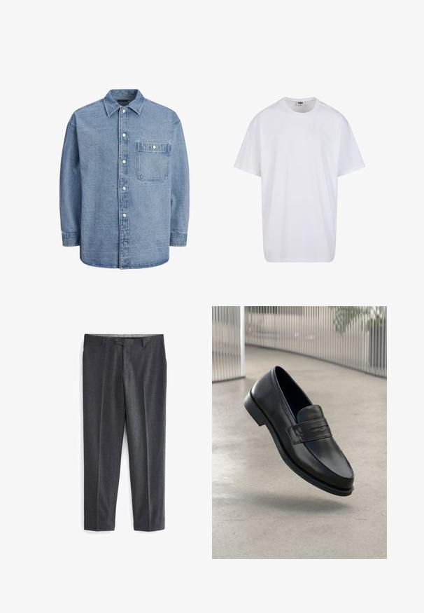 Lyseblå denimskjorte med klassisk krave, foran knaplukning og en enkelt brystlomme med klap og trykknap.; Hvid bomulds t-shirt med korte ærmer, rund halsudskæring, afslappet pasform, og ingen synlige logoer eller mønstre. Glat tekstur og minimalistisk design.; Grå skræddersyede bukser med et struktureret mønster, to forlommer, bæltestropper og en enkelt knaplukning i taljen.; Sort lædersko med glat tekstur, spids tå og en dekorativ rem over vristen. Letvægts sål, minimalistisk design.