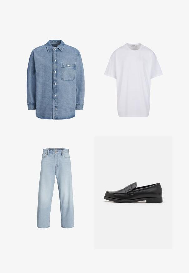 Camisa de denim azul claro con cuello clásico, cierre delantero de botones y un bolsillo en el pecho con tapa y botón a presión.; Camiseta blanca de algodón con mangas cortas, cuello redondo, corte relajado y sin logotipos ni patrones visibles. Textura suave y diseño minimalista.; Jeans de mezclilla de color azul claro con una cintura alta, pierna ancha y corte recto. Cuenta con cierre clásico de botón y diseño de cinco bolsillos.; Mocasines de cuero negro con un diseño elegante, punta redondeada, detalles bordados y un tacón bajo en bloque. Textura suave y acentos mínimos.