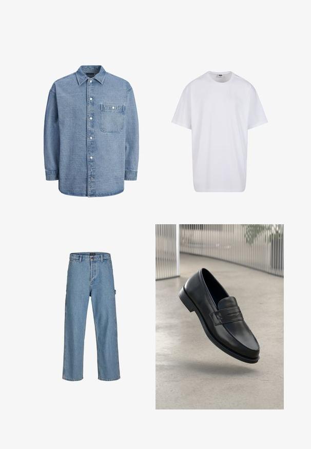 Svetlo modra denim srajca z klasičnim ovratnikom, sprednjim gumbom in enim žepom na prsih s poklopcem in pritisnim gumbom.; Bela bombažna majica s kratkimi rokavi, okroglim izrezom, sproščenim krojem in brez vidnih logotipov ali vzorcev. Gladka tekstura in minimalen dizajn.; Svetlo modri jeansi из денима с sproščeno prileganje, ravne hlačnice in klasičen gumb za pas. Imajo stranske žepke in diskretne detajle šivanja.; Črni usnjeni loafer z gladko teksturo, zašiljenim prstom in okrasnim trakom čez nart. Lahka podplat, minimalističen dizajn.