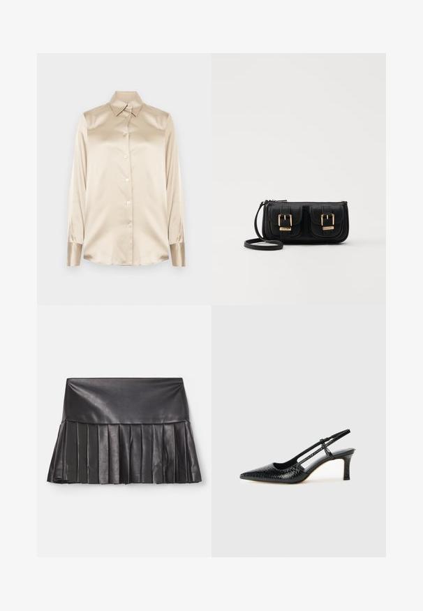 Beige satin shirt with a pointed collar, full-length sleeves, button closure, and cuffs in a slightly glossier finish. No patterns or accents.; Norma Kamali PICKLEBALL SKIRT - A-line skirt - black; Black patent slingback heel with a pointed toe, featuring textured snake print, adjustable strap, and a short, textured block heel.; Black leather crossbody bag with two front pockets, gold buckles, zipper closure, and a slim strap. Textured surface and compact rectangular shape.