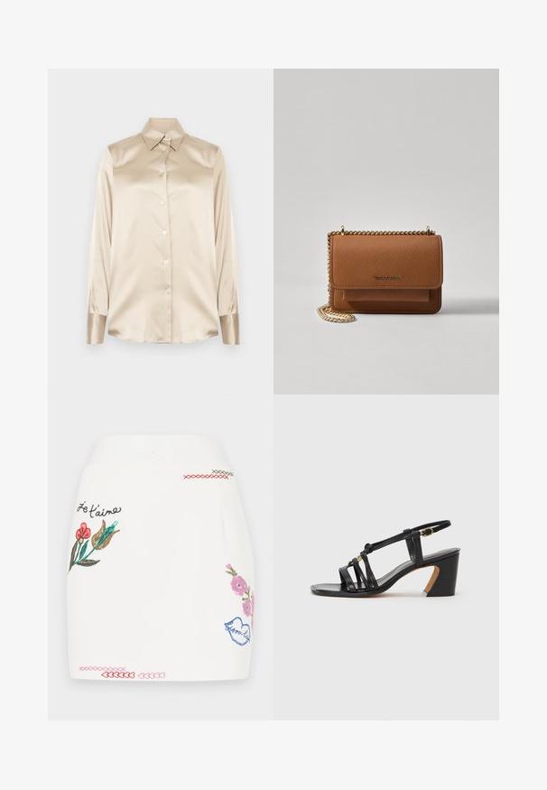 Smėlio spalvos satino marškiniai su smailiu apykakle, pilno ilgio rankovėmis, sagų uždarymu ir šiek tiek blizgesniais rankogaliais. Be raštų ar akcentų.; Balta sijonas su spalvingais gėlių siuvinėjimais rožinės, raudonos ir žalios spalvų. Apatinėje dalyje yra dekoratyvinės siuvimo detalės ir frazė "Je t'aime."; Paul Smith AMIRA - Klasikiniai aukštakulniai - black; Ruda tekstūruota odinė per petį nešama rankinė su auksiniu grandininiu dirželiu ir užlenkiamo užsegimo. Priekinėje pusėje yra logotipo detalė ir kišenė po užlenkimu.