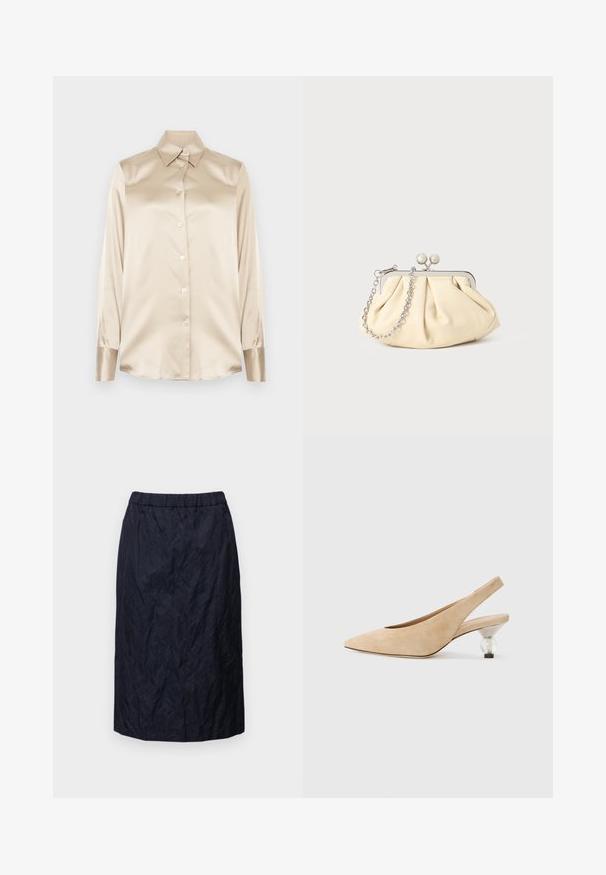 Beige satin shirt with a pointed collar, full-length sleeves, button closure, and cuffs in a slightly glossier finish. No patterns or accents.; Navy blue pencil skirt in a crinkled fabric, featuring an elastic waistband, knee-length design, and smooth texture.; Beige suede slingback shoe with a pointed toe and a transparent, rounded heel. Smooth texture and minimalist design.; Pleated beige leather clutch with a silver metal frame, featuring two round decorative clasps and a silver chain strap.