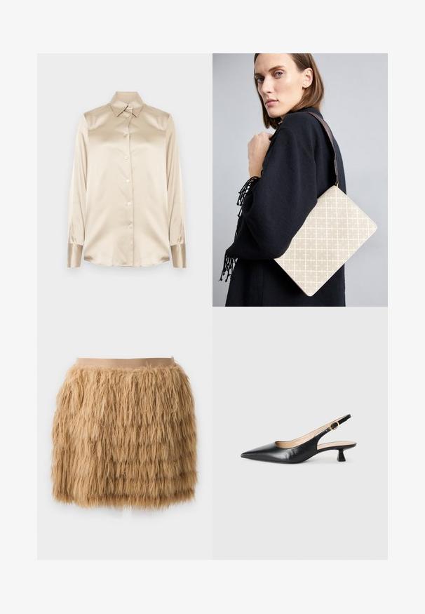 Beige selyem ing hegyes gallérral, teljes hosszúságú ujjakkal, gombos záródással és enyhén fényes anyagú mandzsettákkal. Minták vagy díszítések nélkül.; Barna műszőrme szoknya bolyhos textúrával. Simább, széles derékpánttal rendelkezik, és réteges kialakítása van a fokozott térfogat érdekében.; Fekete bőr slingback kiskeretes cipő hegyes orral és arany csattal az oldalszíjban, fehér háttéren.; Beige mintázatú válltáska, amelynek merev formája van, és barna textúrált pántja. Egy modellen viselve, szürke háttér előtt.
