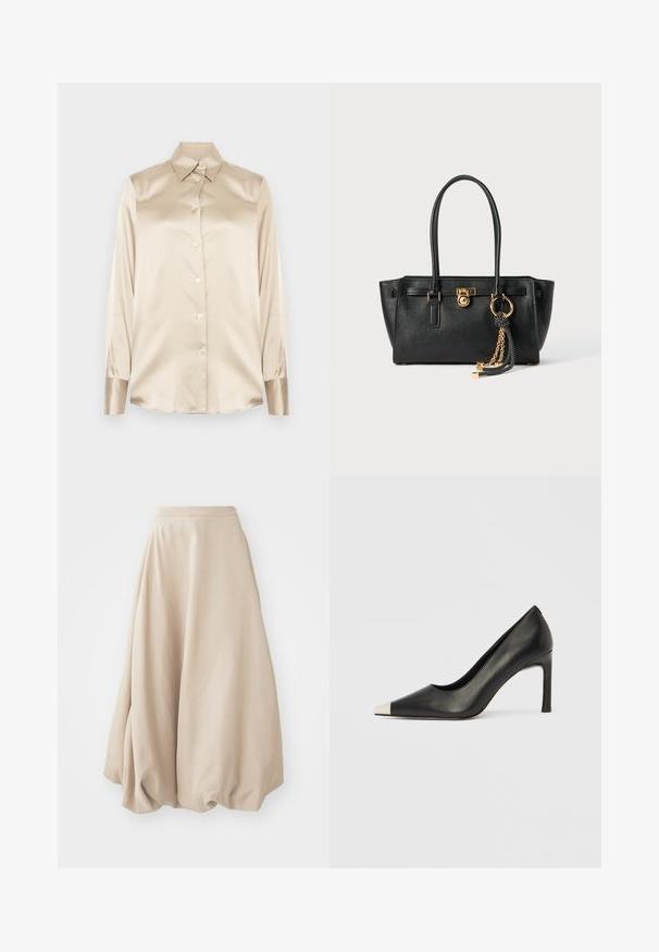 Beige satīna krekls ar asām apkaklēm, pilna garuma piedurknēm, ar pogu aizdari un nedaudz spīdīgāka finiša aprocēm. Nav rakstu vai akcentu.; Bežs balonu svārki, kas izgatavoti no mīksta auduma. Iezīmē augstu jostasvietu un apjomīgu dizainu ar savilktu faktūru apakšmalā.; Melns ādas augstpapēžu kurpes ar smailu purngalu un metāliski sudraba uzgali. Ir gluda apdare un slaids 10 cm augsts papēdis.; Melnas ādas rokassomu ar divām rokturiem, zelta slēdzi un ķēdes detaļu, kā arī melnbaltu pušķa aksesuāru uz balta fona.