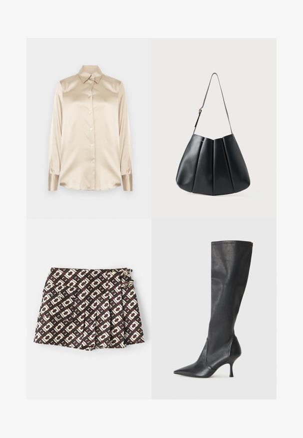 Beige selyem ing hegyes gallérral, teljes hosszúságú ujjakkal, gombos záródással és enyhén fényes anyagú mandzsettákkal. Minták vagy díszítések nélkül.; Márkázott rövidnadrág barna és krém színű geometriai mintával, két oldalsó zsebbel és arany színű kiegészítőkkel. Az anyag sima tapintású.; Térd fölötti fekete bőr csizmák hegyes orral és karcsú stiletto sarkal. Simább textúrájúak, jól illeszkedő kialakítással és varrással a tetején.; Fekete bőr válltáska redőzött dizájnnal, sima textúrával, egyetlen pánttal és egy diszkrét arany hardver kiemeléssel.