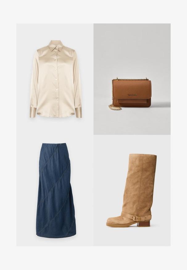 Krémová saténová košile s špičatým límcem, dlouhými rukávy, zapínáním na knoflíky a manžetami s mírně lesklejším povrchem. Bez vzorů nebo akcentů.; Džínová maxi sukně v tmavě modré barvě, s diagonálními švy a elastickým páskem pro strukturovaný a splývavý tvar.; Hnědá semišová kotníková bota se zakulacenou špičkou a nízkým klínovým podpatkem, s nastavitelným popruhem se zlatou sponou kolem kotníku.; Hnědá texturovaná kožená kabelka přes rameno se zlatým řetízkovým popruhem a klopnovým uzavíráním. Přední strana obsahuje detail loga a kapsu pod klopou.