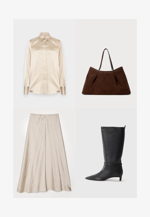 Beige Satinhemd mit spitzem Kragen, langen Ärmeln, Knopfverschluss und Manschetten in einem etwas glänzenderen Finish. Keine Muster oder Akzente.; Beige, Satinrock mit ausgestellter Silhouette. Verfügt über einen gerafften Taillenbund und einen subtilen Glanz, mit schrägen Nähten und einem fließenden Fall.; Schwarze Lederkniehohe Stiefel mit spitzem Zehen, akzentuiert durch einen runden Riemen um das Knöchel und einen niedrigen, tapernden Absatz. Glatte Textur.; Braune Wildleder-Shopper-Tasche mit zwei Schulterriemen, großzügiger rechteckiger Form und minimalistischem Design. Weiche Textur mit glatter Oberfläche.