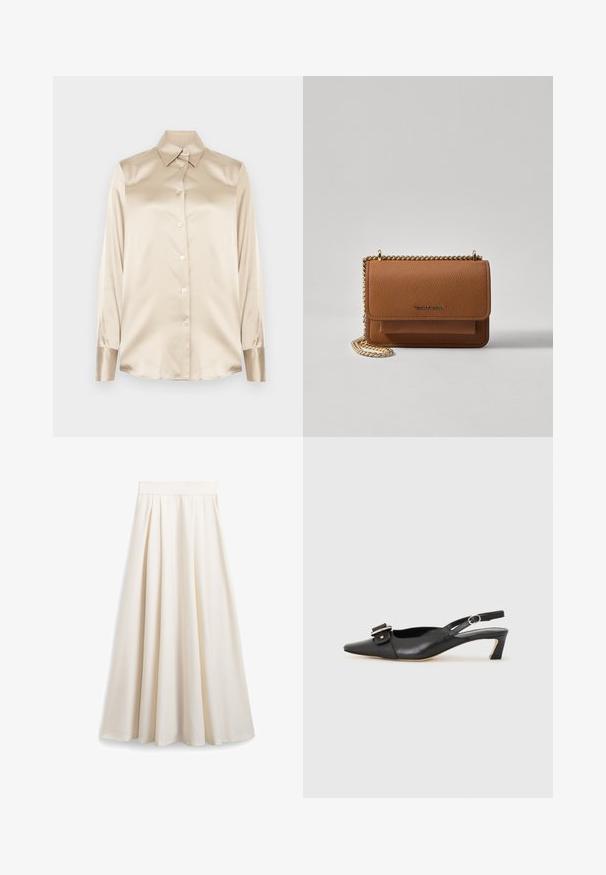 Beige satijnen shirt met een puntige kraag, lange mouwen, knoopsluiting en manchet in een iets glanzender afwerking. Geen patronen of accenten.; Crème-kleurige A-lijn rok van een gladde stof, met plooien en een brede tailleband voor een vloeiende silhouette.; Zwarte leren slingback schoen met scherpe neus, kleine hak en decoratieve gespdetails op de bovenkant. Stijlvolle textuur, minimalistisch ontwerp.; Bruine lederen schoudertas met textuur, voorzien van een gouden kettingstrap en klepsluiting. De voorkant heeft een logo-detail en een zak onder de klep.