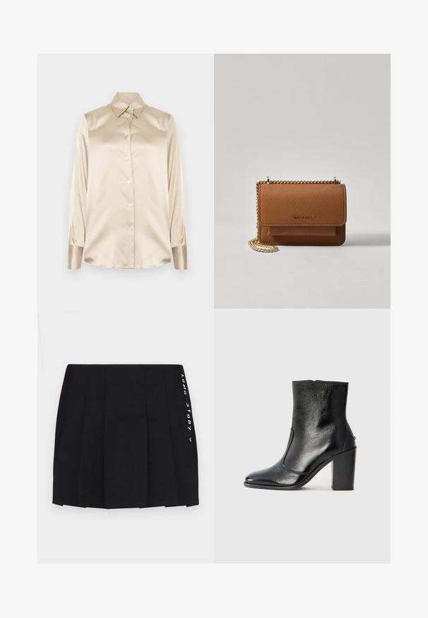 Camisa de cetim bege com gola pontuda, mangas de comprimento total, fecho de botão e punhos com um acabamento ligeiramente mais brilhante. Sem padrões ou detalhes.; MAX&Co. LONG VERY SHORT - Saia plissada - schwarz; Bota ankle preta em pele com uma textura suave, bico fino e um salto alto robusto. Apresenta uma abertura lateral e um design minimalista.; Bolsa crossbody de couro texturizado castanho com alça de corrente dourada e fecho com aba. A parte da frente apresenta detalhe do logótipo e um bolso sob a aba.