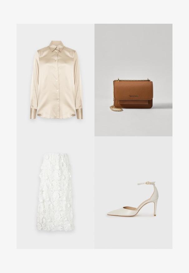 Camisa de cetim bege com gola pontuda, mangas de comprimento total, fecho de botão e punhos com um acabamento ligeiramente mais brilhante. Sem padrões ou detalhes.; Saia branca até ao tornozelo feita de renda floral intrincada com uma bainha em forma de ondas. Cintura elástica para um ajuste confortável. Padrão delicado e texturizado.; Sapato de salto alto em pele branca com biqueira pontiaguda, faixa no tornozelo e um salto fino de stiletto. Textura suave com um leve acabamento brilhante.; Bolsa crossbody de couro texturizado castanho com alça de corrente dourada e fecho com aba. A parte da frente apresenta detalhe do logótipo e um bolso sob a aba.