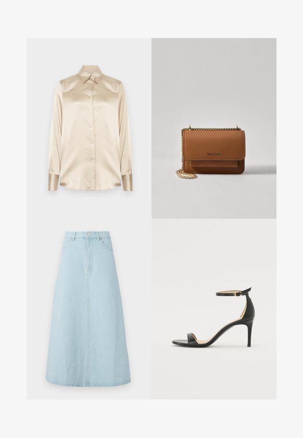 Beige selyem ing hegyes gallérral, teljes hosszúságú ujjakkal, gombos záródással és enyhén fényes anyagú mandzsettákkal. Minták vagy díszítések nélkül.; Világoskék farmer szoknya, térd hosszúságú, A-vonalú sziluett, derékpánttal, elöl gombos záródással és két oldalsó zsebbel. Simára kezeltek.; Fekete bőr magassarkú szandál bokapánttal. Simább textúrájú, nyitott orrú és vékony sarkú. Arany színű csat részlet.; Barna textúrájú bőr keresztbody táska arany lánc pánttal és fedélzárral. Az elején logó részlet és egy zseb található a fedél alatt.