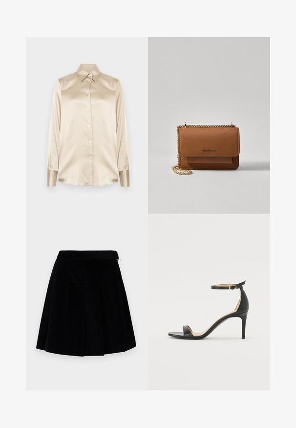 Smėlio spalvos satino marškiniai su smailiu apykakle, pilno ilgio rankovėmis, sagų uždarymu ir šiek tiek blizgesniais rankogaliais. Be raštų ar akcentų.; Weekend Max Mara ZUCCA - Trapecinis sijonas - nero; Juodos oda aukštakulniai sandalai su kulkšnies dirželiu. Pasižymi lygiu paviršiumi, atviru pirštu ir plonu kulnu. Auksinės spalvos sagties detalė.; Ruda tekstūruota odinė per petį nešama rankinė su auksiniu grandininiu dirželiu ir užlenkiamo užsegimo. Priekinėje pusėje yra logotipo detalė ir kišenė po užlenkimu.