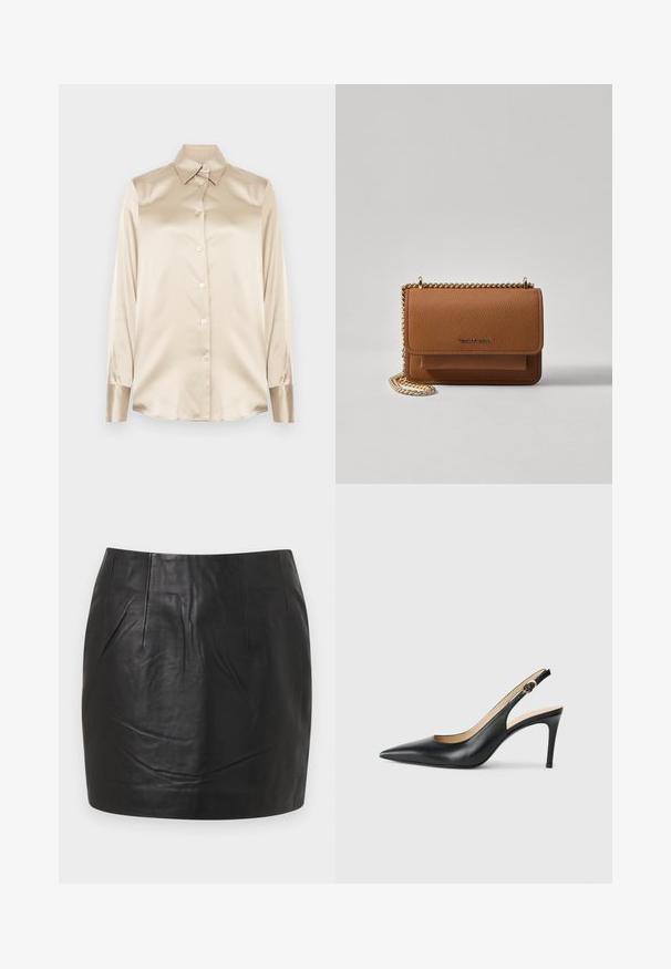 Camisa de cetim bege com gola pontuda, mangas de comprimento total, fecho de botão e punhos com um acabamento ligeiramente mais brilhante. Sem padrões ou detalhes.; Saia mini em couro preto com textura suave, detalhes de costura visíveis e um design de corte reto. Sem bolsos ou enfeites.; Saltos altos slingback em couro preto, com bico fino, tira ajustável e um elegante salto stiletto, apresentando um acabamento suave.; Bolsa crossbody de couro texturizado castanho com alça de corrente dourada e fecho com aba. A parte da frente apresenta detalhe do logótipo e um bolso sob a aba.