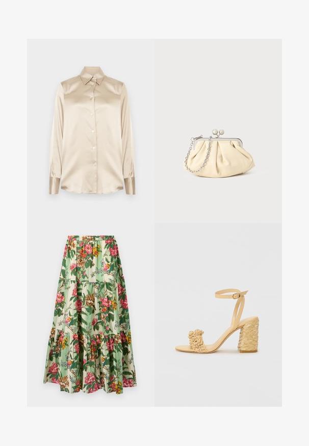 Beige selyem ing hegyes gallérral, teljes hosszúságú ujjakkal, gombos záródással és enyhén fényes anyagú mandzsettákkal. Minták vagy díszítések nélkül.; Virágmintás maxi szoknya zöld és bézs csíkos motívummal, rózsaszín és sárga virágokkal, ráncolt szintekkel és gumis derékkal.; Bézs színű magassarkú szandál fonott textúrával, díszítő virággal és bokapánttal. A négyzet alakú sarok stabilitást biztosít.; Pleátolt bézs bőr válltáska ezüst fém kerettel, két kerek díszcsattal és ezüst lánc pánttal.