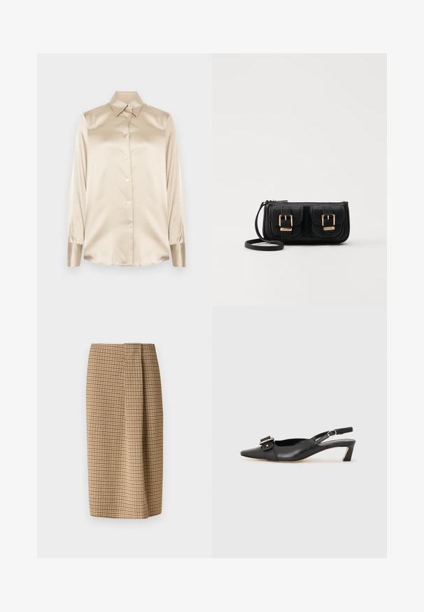 Cămașă din satin bej cu guler ascuțit, mâneci lungi, închidere cu nasturi și manșete cu o finisare ușor lucioasă. Fără modele sau accente.; WEEKEND MaxMara DEBORAH - Fustă tip creion - cammello; Pantofii negri din piele cu toc mic, vârf ascuțit și detaliu decorativ cu cataramă pe partea superioară. Textură netedă, design minimal.; Geantă neagră din piele, tip crossbody, cu două buzunare frontale, catarame aurii, închidere cu fermoar și o curea subțire. Suprafață texturată și formă rectangulară compactă.