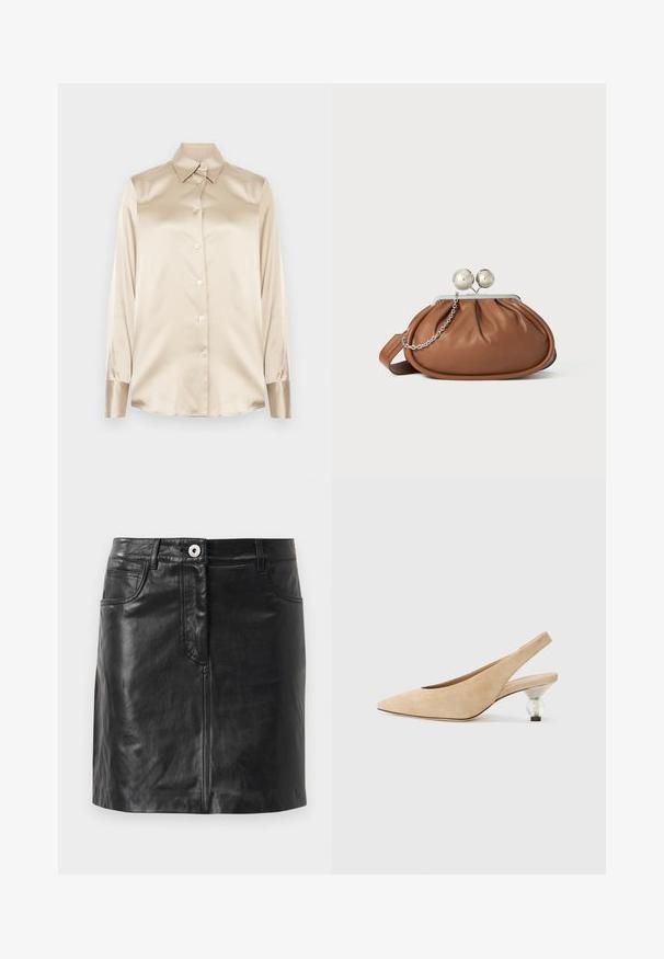 Beige satīna krekls ar asām apkaklēm, pilna garuma piedurknēm, ar pogu aizdari un nedaudz spīdīgāka finiša aprocēm. Nav rakstu vai akcentu.; WEEKEND MaxMara HULL - Zīmuļsvārki - nero; Bēša zamšādas sandalē ar smailu pirkstu un caurspīdīgu, noapaļotu papēdi. Gluda tekstūra un minimālisma dizains.; Brūna ādas clutch soma ar sudraba poga aizdari un nelielu sudraba ķēdes detaļu uz baltā fona.