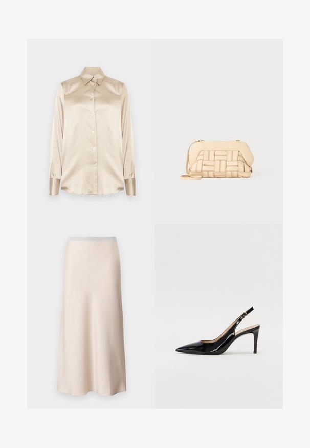 Bež satenasta srajca z ostrim ovratnikom, dolgimi rokavi, z zapiranjem na gumbe in manšetami v nekoliko bolj sijočem finishtu. Brez vzorcev ali dodatkov.; Bleda bež midi krila s gladkim, satenskim finišem in svetlo sivo elastično pasom. Razširjen dizajn, ki se zožuje proti robu.; Črne lakirane slingback čevlje z izostrenim nosom, ozkim peto in subtilnim izrezom. Na traku je zlata sponka.; Tkanirana bež torba z strukturirano zasnovo, ki ima gladko zgornjo stran in dolgo naramnico. Tekstura podrobnosti izboljšuje celoten videz.