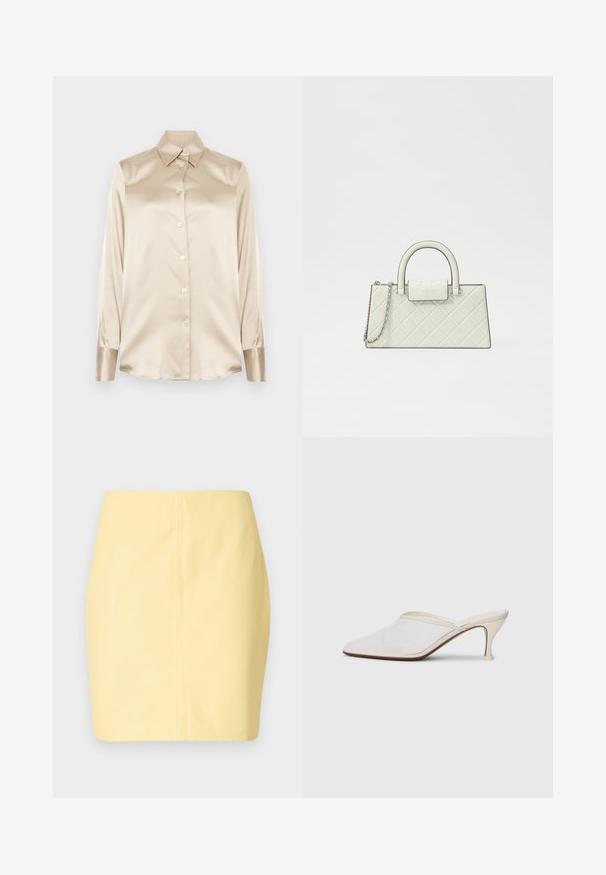 Cămașă din satin bej cu guler ascuțit, mâneci lungi, închidere cu nasturi și manșete cu o finisare ușor lucioasă. Fără modele sau accente.; Fustă mini galbenă cu o textură fină și croială ajustată, având un design curat și detalii de cusătură minime.; Mule alb cu plasă, cu vârf ascuțit, toc subțire de înălțime medie și design slip-on, pe un fundal simplu.; Geantă albă matlasată cu un design structurat, mânere superioare, curea din lanț detașabilă și un logo reliefat pe închidere.
