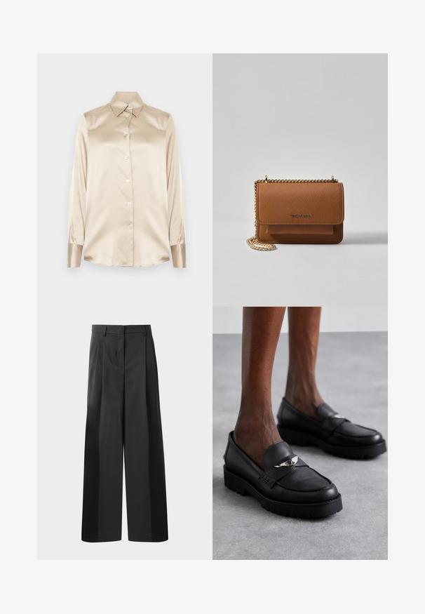 Camisa de cetim bege com gola pontuda, mangas de comprimento total, fecho de botão e punhos com um acabamento ligeiramente mais brilhante. Sem padrões ou detalhes.; Calças largas pretas com cintura alta, apresentando pregas frontais, uma textura suave e um acabamento cuidado. Desenvolvidas para um ajuste relaxado.; Mocassins de couro preto com biqueira arredondada, apresentando um detalhe em prata na alça e uma sola grossa e texturizada para maior aderência.; Bolsa crossbody de couro texturizado castanho com alça de corrente dourada e fecho com aba. A parte da frente apresenta detalhe do logótipo e um bolso sob a aba.