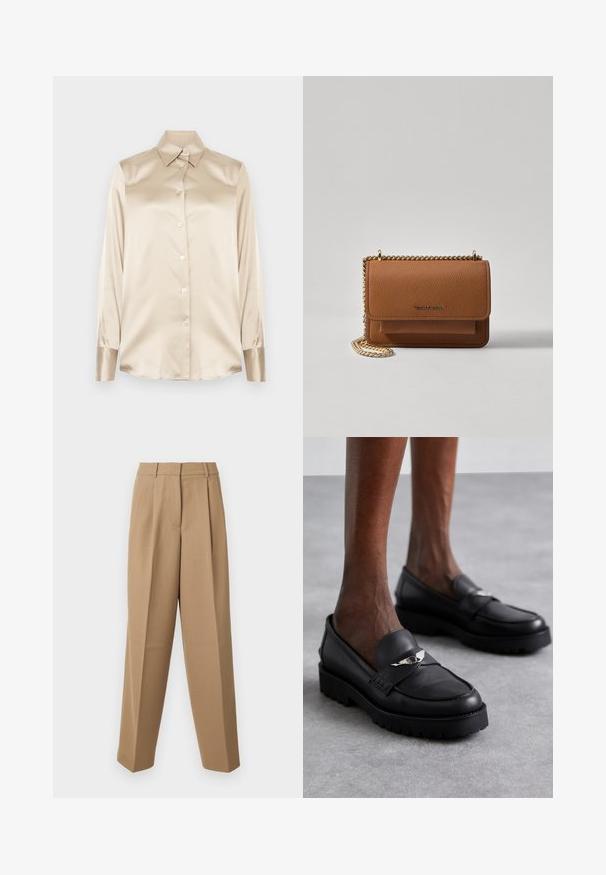 Beige satiinipaita, jossa on terävä kaulus, täyspitkät hihat, nappikiinnitys ja hihoissa hieman kiiltävä pinta. Ei kuvioita tai koristeita.; Beige-housut, joissa on korkea vyötärö, laskokset edessä ja leveät lahkeet. Kangas näyttää sileältä ja siinä on hieman kiiltoa.; Mustat nahkakengät, joissa on pyöristetty kärki, sisältävät hopeisen yksityiskohdan remmissä ja paksun, teksturoidun pohjan paremman pidon takaamiseksi.; Ruskean teksturoidun nahkasta valmistettu crossbody-laukku, jossa on kultaketjuhihna ja läppäkiinnitys. Edessä on logodetail ja tasku läppäisen alla.
