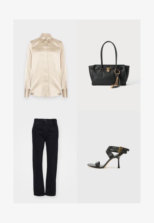 Camisa de cetim bege com gola pontuda, mangas de comprimento total, fecho de botão e punhos com um acabamento ligeiramente mais brilhante. Sem padrões ou detalhes.; Jeans de denim preto com corte reto, apresentando um design clássico de cinco bolsos e fecho frontal com botão. Tecido limpo e texturizado.; Sandal preto de salto alto com tiras cruzadas e fivela ajustável. Apresenta uma textura suave e um salto agulha afilado.; Bolsa de pele preta com alças duplas, fecho dourado e detalhe em corrente, além de um acessório de tassel preto e branco, contra um fundo branco.