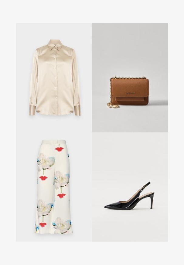 Camisa de cetim bege com gola pontuda, mangas de comprimento total, fecho de botão e punhos com um acabamento ligeiramente mais brilhante. Sem padrões ou detalhes.; Calças de tecido branco com um padrão floral, apresentando grandes flores brancas e lábios vermelhos, textura suave e um design de perna straight ajustada.; Sandal com salto em verniz preto, bico fino, salto esguio e um design de recorte subtil. Apresenta uma fivela dourada na alça.; Bolsa crossbody de couro texturizado castanho com alça de corrente dourada e fecho com aba. A parte da frente apresenta detalhe do logótipo e um bolso sob a aba.