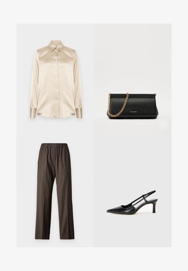 Beige satengskjorte med spiss krage, lange ermer, knappestillinger og mansjetter i en litt glansfull finish. Ingen mønstre eller aksenter.; Brune, rutete stoffbukser med elastisk midje, rett ben-design og sidelommer. Teksturert overflate med et subtilt mønster.; Sorte patent slingback hæl med spids tå, featuring tekstureret slangeskind, justerbar rem og en kort, tekstureret blokhæl.; Svart skinnkuvertveske med en gullkjede-rem, med en glatt tekstur, rektangulær form og preget merkevare på forsiden.