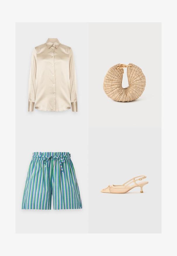 Bež satenasta košulja s oštrim ovratnikom, dugim rukavima, kopčanjem na gumbi i manžetama blago sjajnijeg završetka. Bez uzoraka ili naglasaka.; MILLE CARY - Kratke hlače - multicoloured; Stuart Weitzman KITTY - Klasične cipele s visokom petom - beige/barely beige; Cult Gaia UBAH - Ručna torbica - wheat