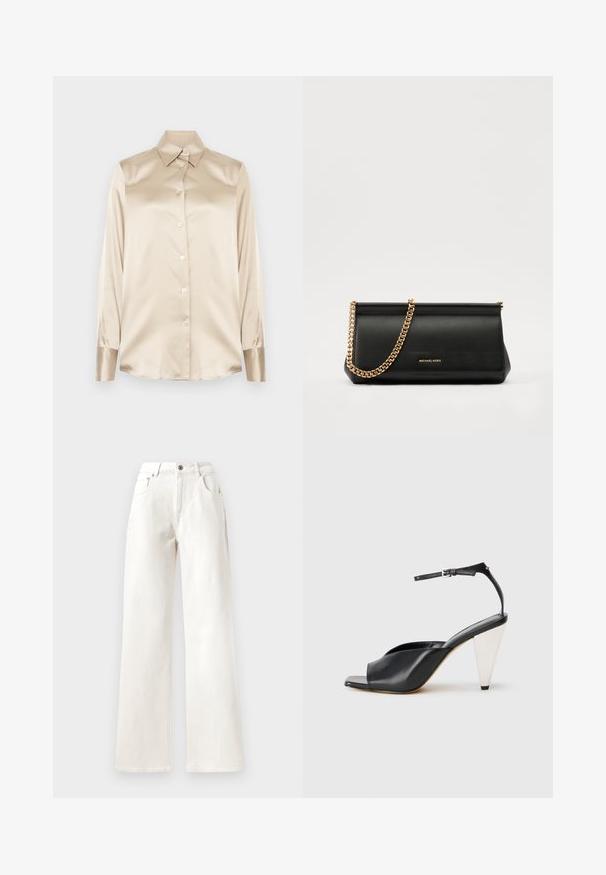 Krémová saténová košile s špičatým límcem, dlouhými rukávy, zapínáním na knoflíky a manžetami s mírně lesklejším povrchem. Bez vzorů nebo akcentů.; Bílé široké kalhoty z denimu, s knoflíkovým zapínáním, poutky na opasek a designem se pěti kapsami. Hladká textura s viditelným prošitím.; Černé kožené sandály na vysokém podpatku s otevřenou špičkou, asymetrickým designem, ankle strap a kovovým kuželovitým podpatkem. Hladký povrch po celé délce.; Černá kožená psaníčko s zlatým řetízkem, vyznačující se hladkým povrchem, obdélníkovým tvarem a reliéfním logem na přední straně.