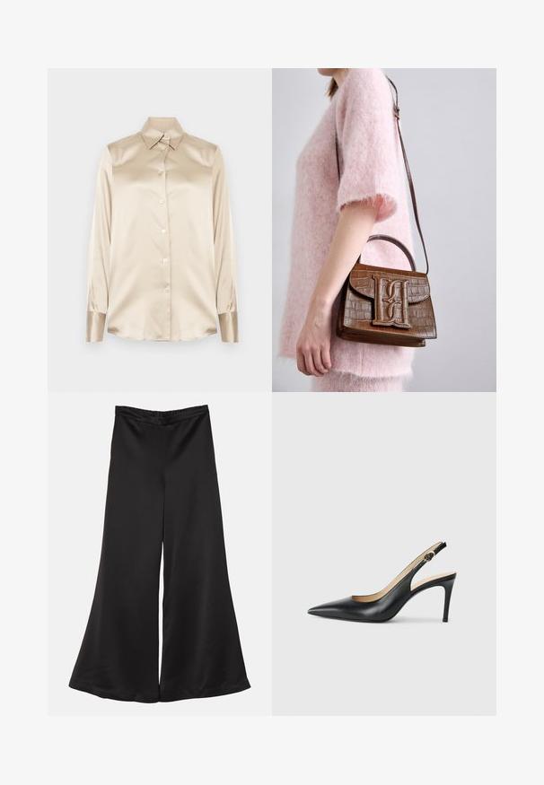 Smėlio spalvos satino marškiniai su smailiu apykakle, pilno ilgio rankovėmis, sagų uždarymu ir šiek tiek blizgesniais rankogaliais. Be raštų ar akcentų.; By Malene Birger LUCEE - Kelnės - black; Juodos odinės slingback aukštakulnės bateliai su smailiu nosiu, reguliuojama juosta ir elegantišku stiletto kulnu, pasižymintys lygia apdaila.; Rudas krokodilo raštas rankinė su viršutine rankena ir pečių diržu. Išsiskiria ryškiu logotipu priekyje. Minkšta tekstūra.